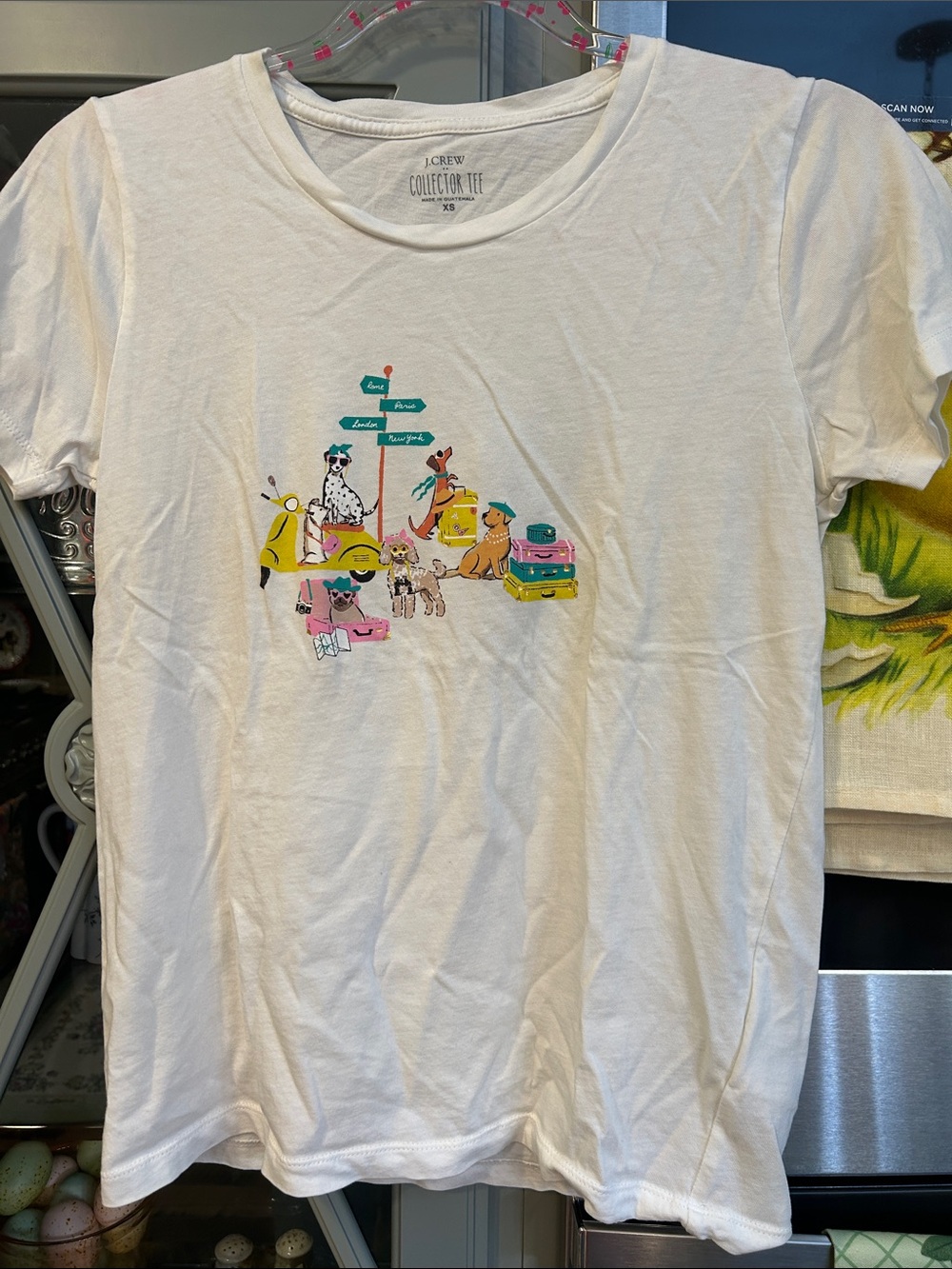 J. Crew White Short-Sleeve Tee with Colorful Dog & Travel Graphic XS